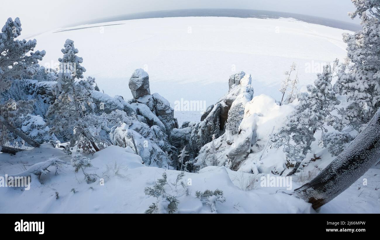 Lena Pillars in winter on the bank of the Lena River Yakutia Stock Photo