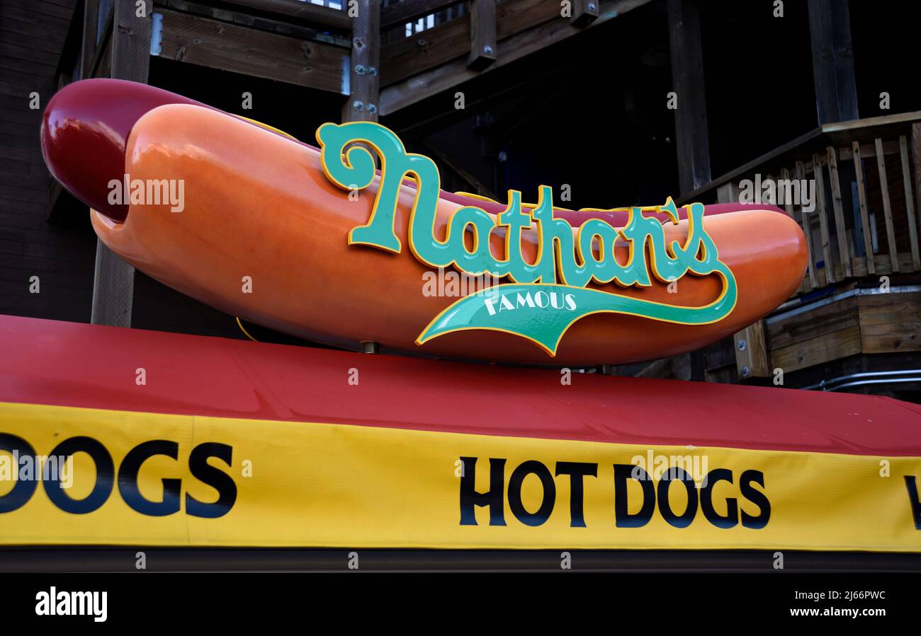 A Nathan's Famous hot dog cart in the Pier 39 and Fisherman's Wharf tourist shopping and entertainment district of San Francisco. Stock Photo