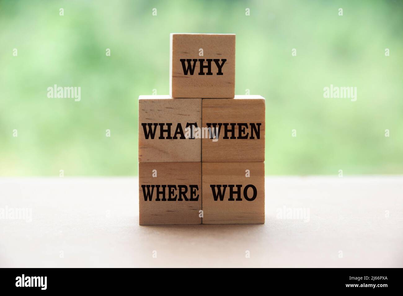 Text on wooden blocks with blurred nature background - Why, What, When ...