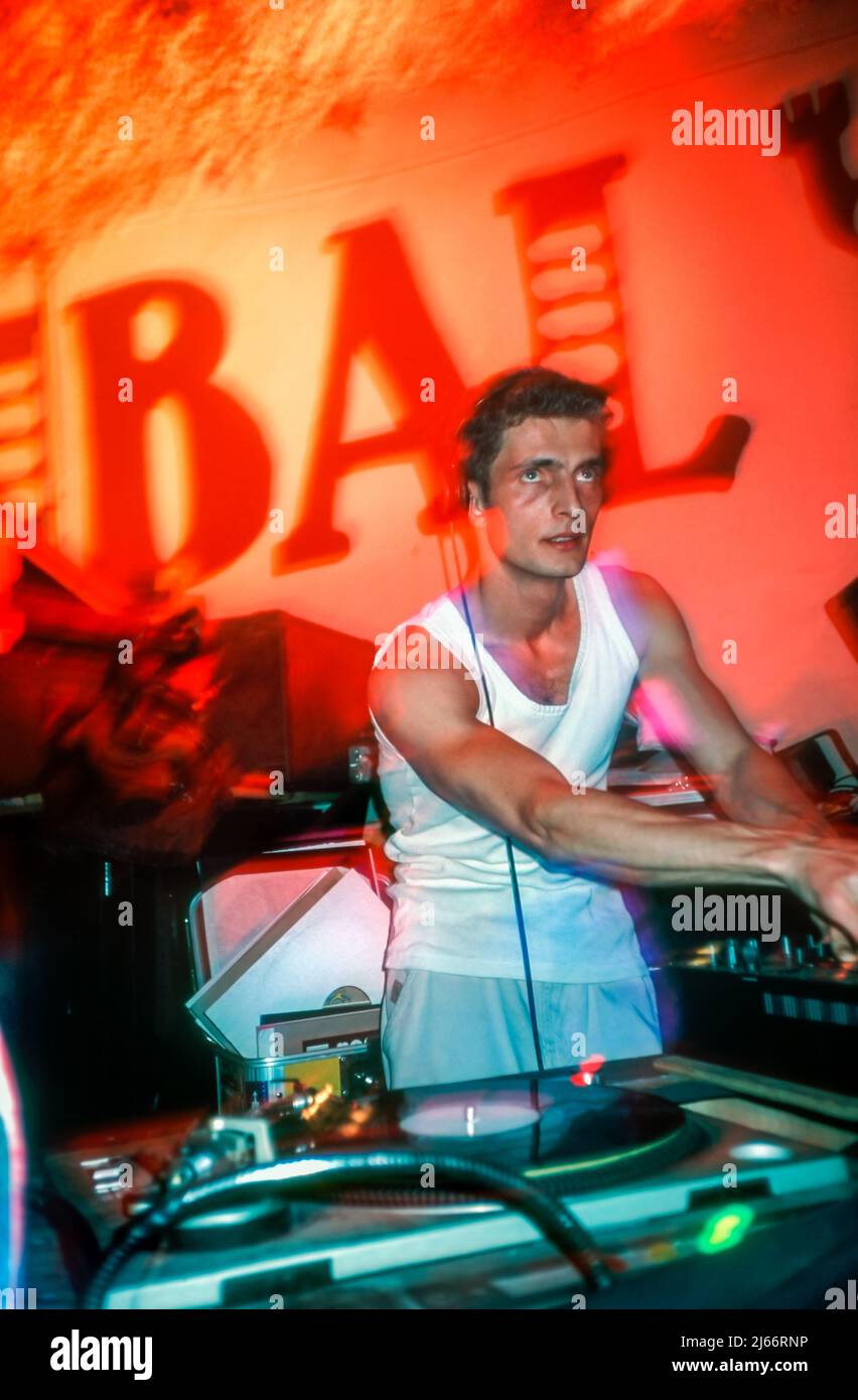 Paris, France, Male D.J. Spinning in the Folies Pigalle Nightclub. Stock Photo