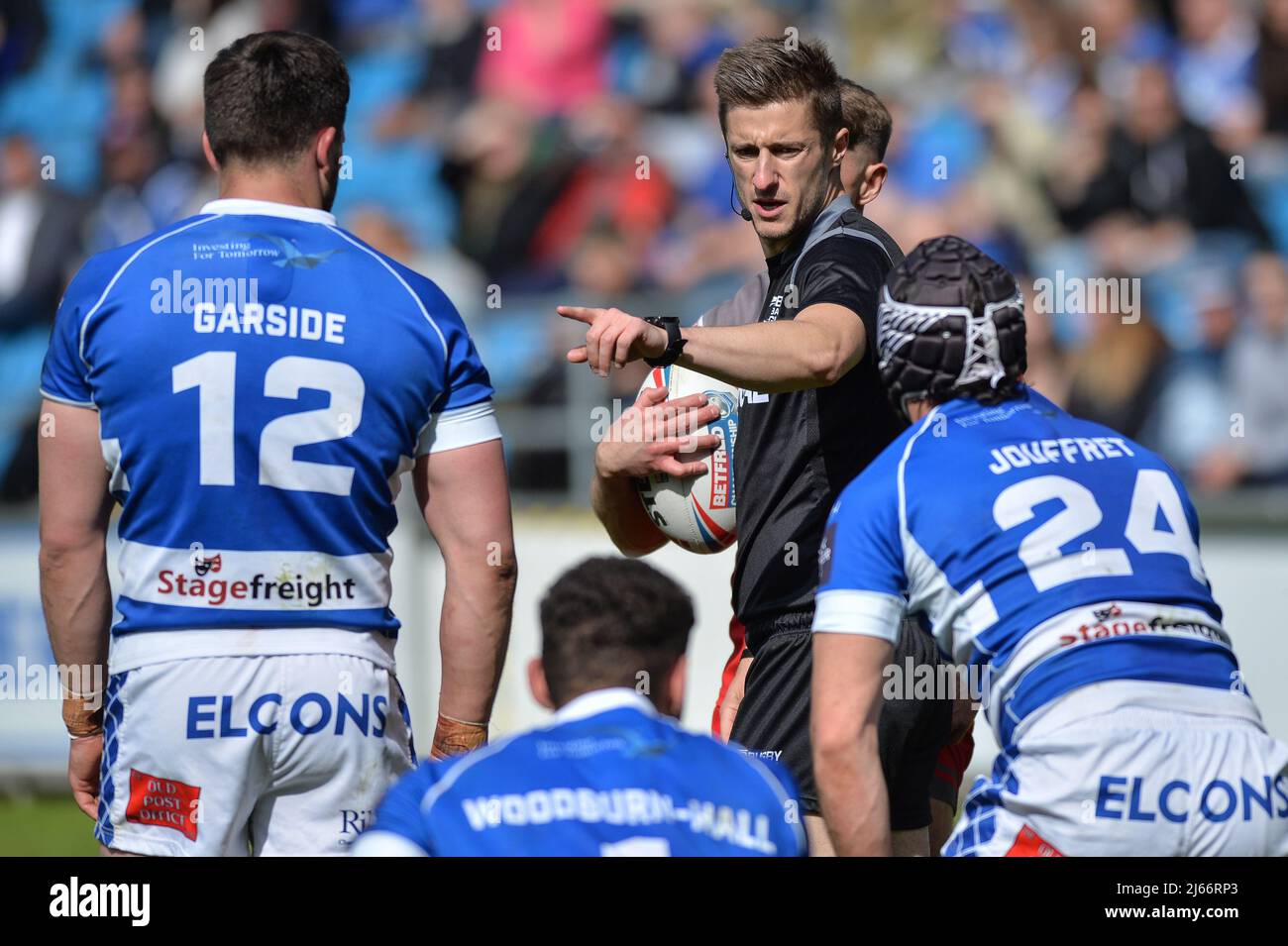 Halifax, England -24th April 2022 - Referee Chris Kendall. Rugby League Betfred Super Championship Halifax Panthers vs Barrow Raiders at Shay Stadium, Halifax, UK  Dean Williams Stock Photo