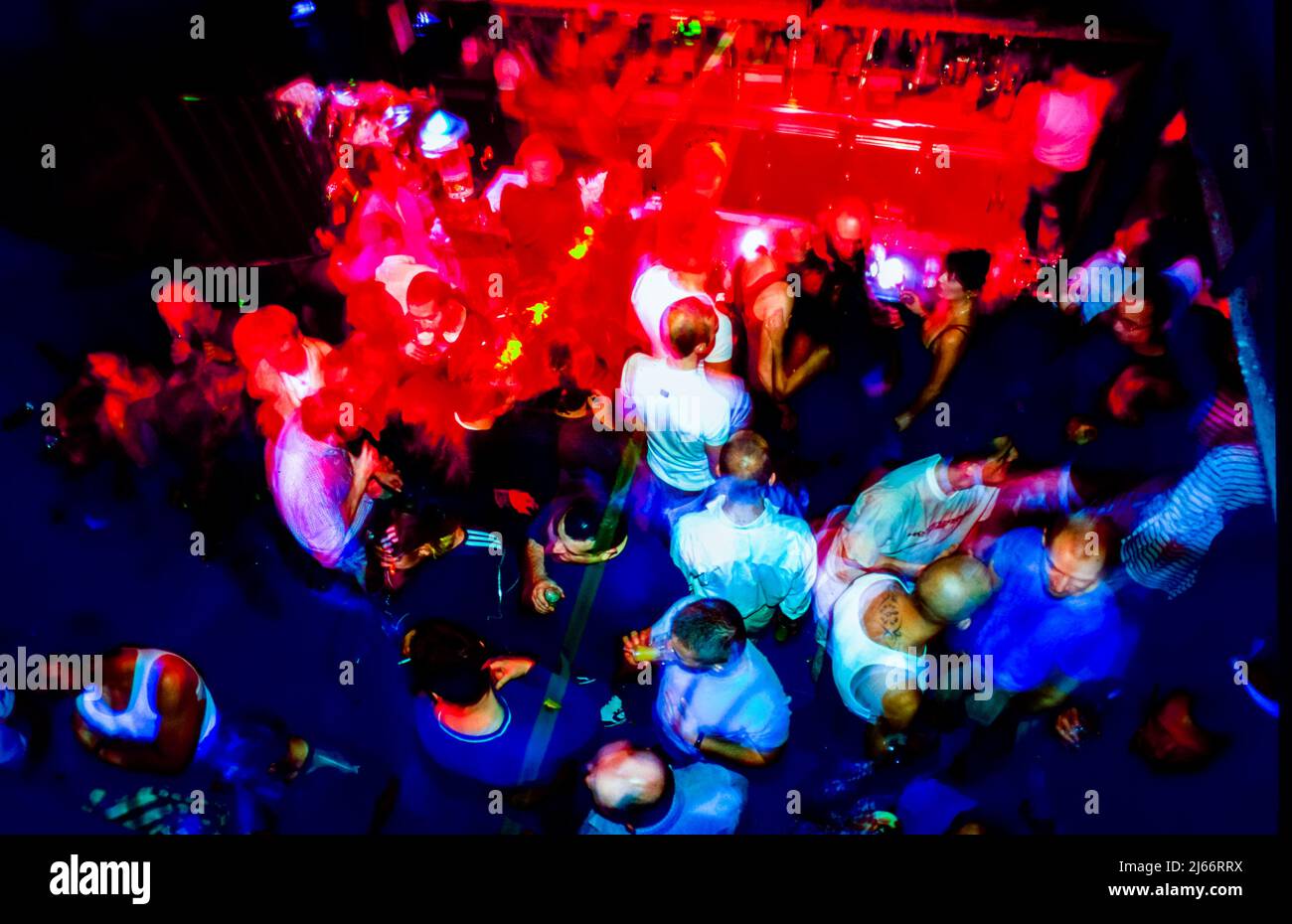 Paris, France, High Angle, Crowd Dancing, Gay Men, in Nightclub with Laser Light Effects, Moving, Lights, 'Folies Pigalle' 1990s Archives Night Stock Photo