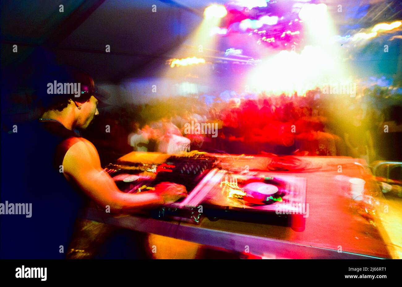 Paris, France, Crowd Dancing in Nightclub with D.J. Spinning Stock Photo
