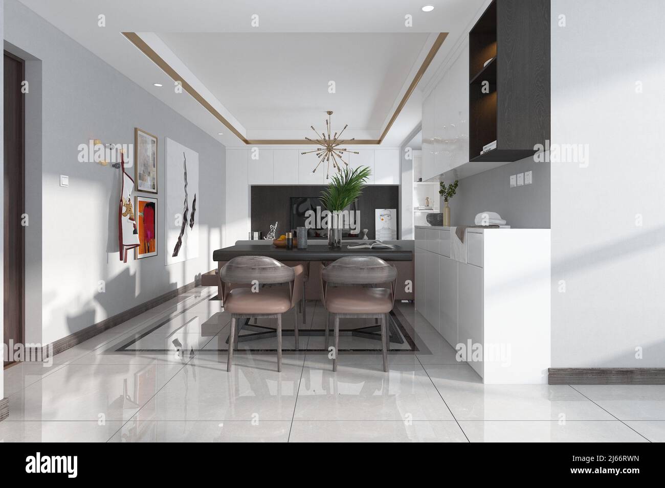 Easy Minimalist Furniture Rendering Reference: Simple Living Room 3D Rendering Stock Photo