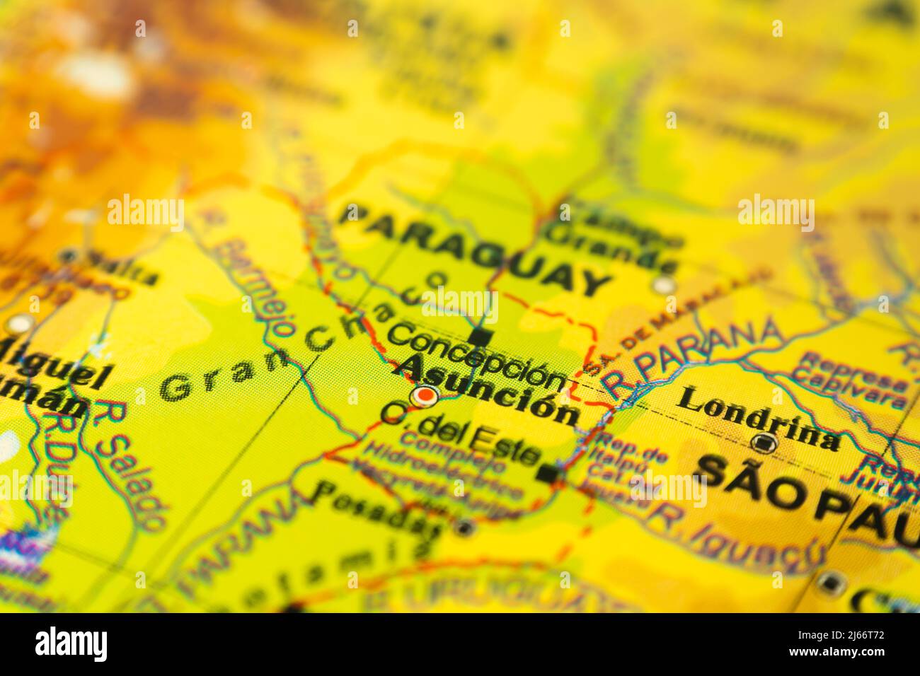Orographic map of the Republic of Paraguay, with references in Spanish. Concept of cartography, travel, tourism, geography. Differential focus Stock Photo