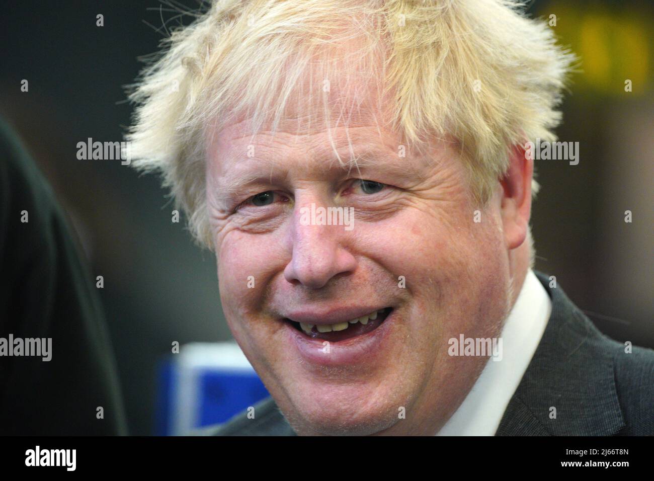 Prime Minister Boris Johnson during a campaign visit to Burnley College Sixth Form Centre in Burnley, Lancashire. Picture date: Thursday April 28, 2022. Stock Photo