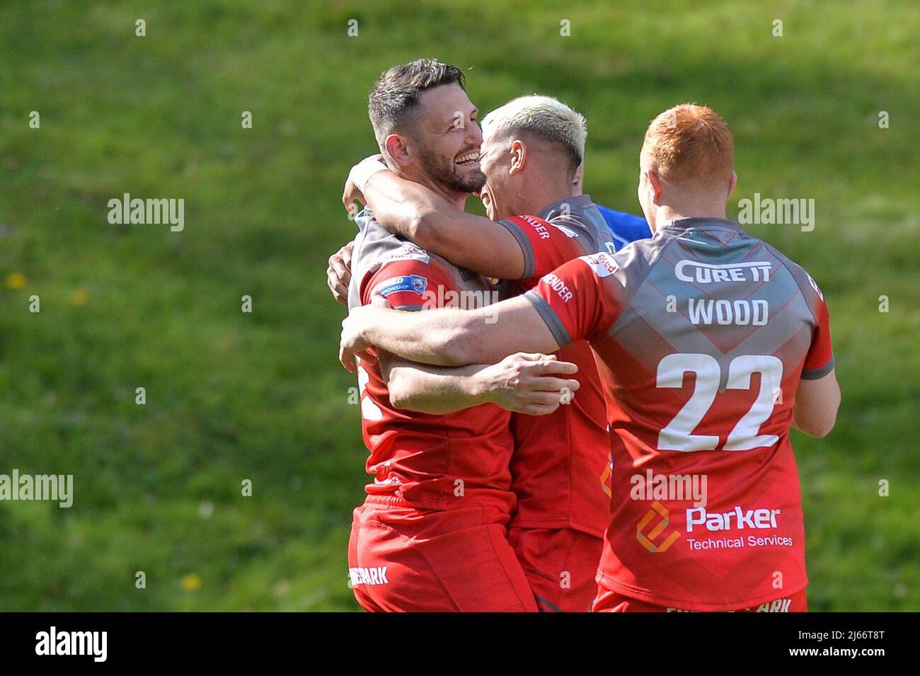 Halifax, England -24th April 2022 -  Jarrard Stack of Barrow Raiders celebrates scoring a try.  Rugby League Betfred Super Championship Halifax Panthers vs Barrow Raiders at Shay Stadium, Halifax, UK  Dean Williams Stock Photo