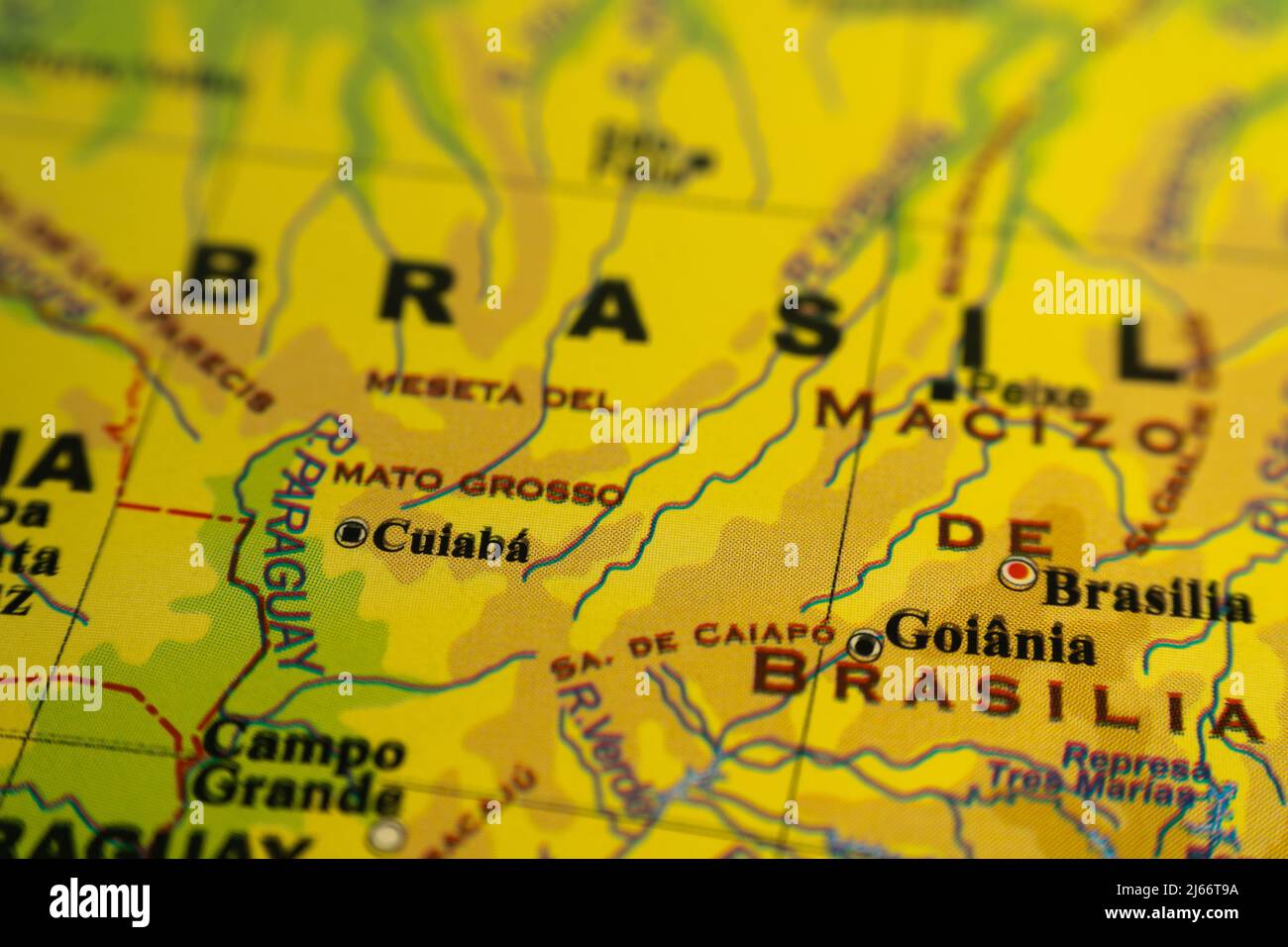 Orographic map of the Brasilia Massif and Mato Grosso in Brazil, with references in Spanish. Concept of cartography, travel, tourism, geography. Diffe Stock Photo