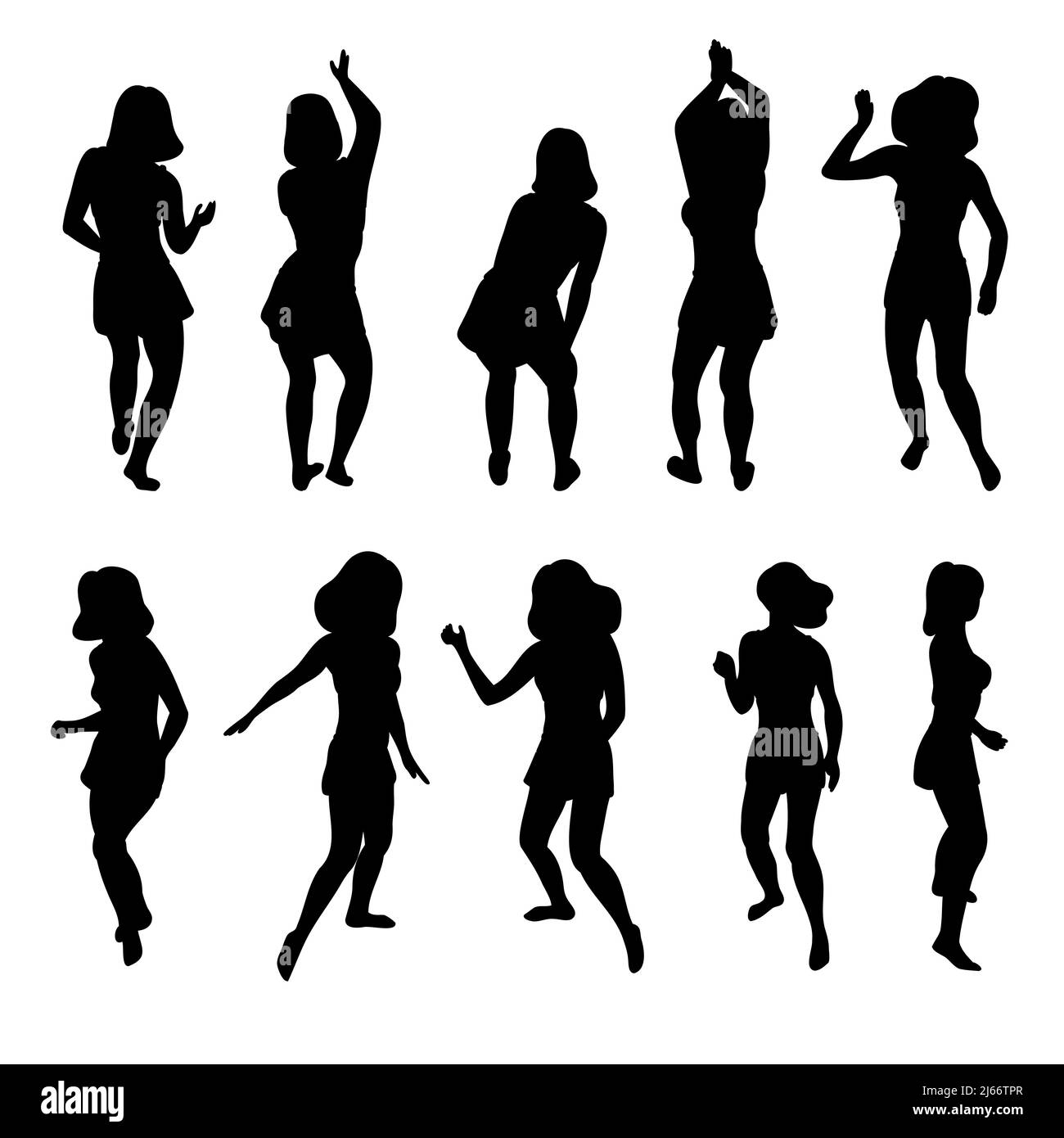 Short skirt women dancing black silhouettes. Set of moving disco girl shapes. Party abstract poses. Vector illustration for flyer, poster, card, holiday concept. Stock Vector