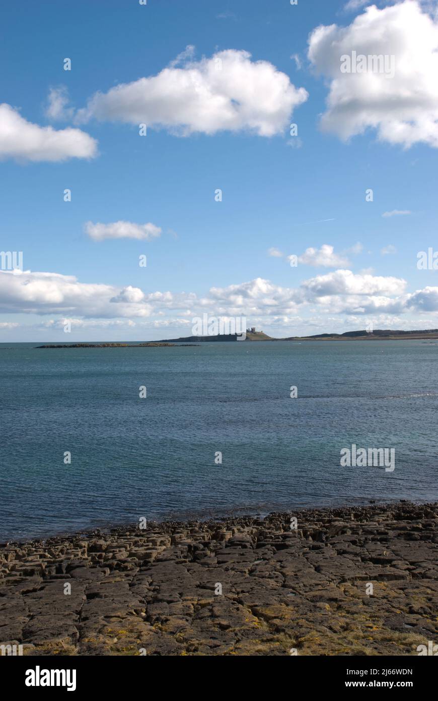 Portrait style image taken from Low Newton and looking across the bay towards a distant Dunstanburgh castle Stock Photo
