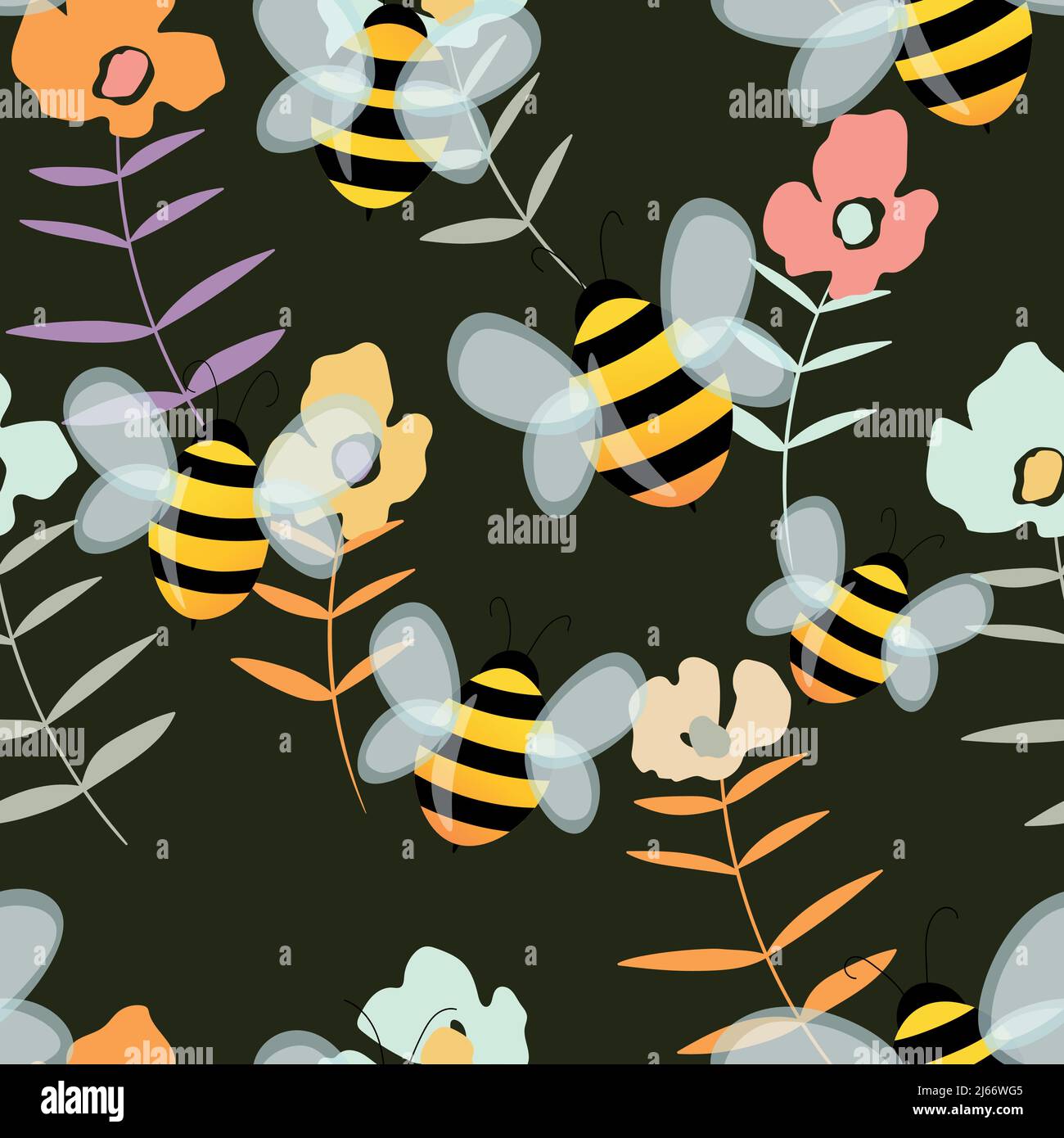 Seamless pattern with bees on floral background. Small wasp. Vector ...
