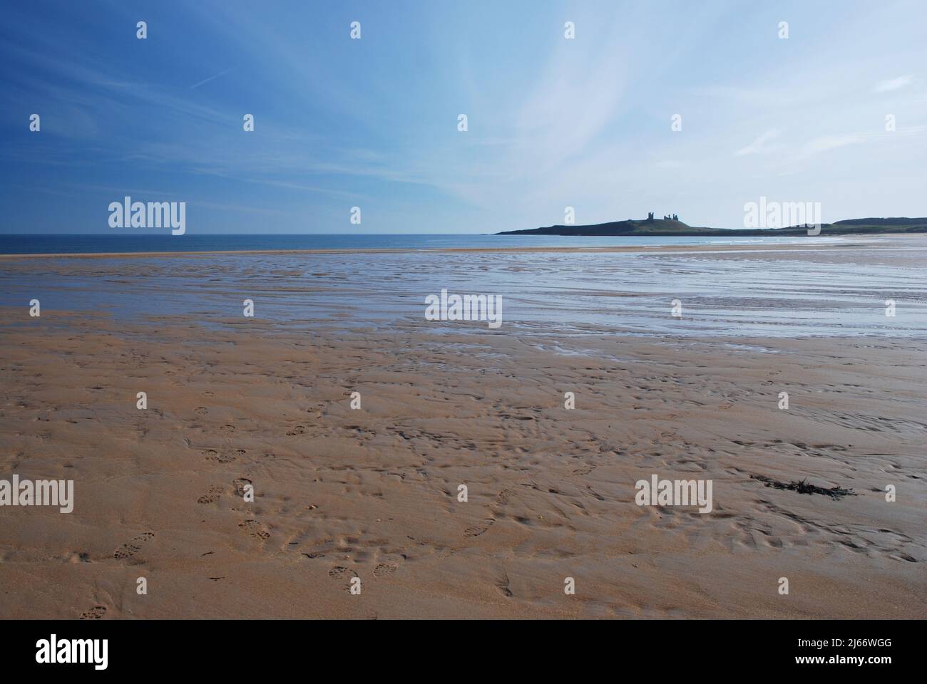 Panoramic style image of a distant historic Dunstanburgh castle on the horizon with foreground of the wide open and sandy beach of Embleton Bay Stock Photo