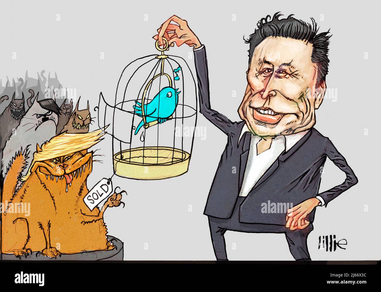 Funny caricature Elon Musk holding blue bird, cage open, cats looking hungry, illustrating fears about his free speech plan after plans to buy Twitter Stock Photo