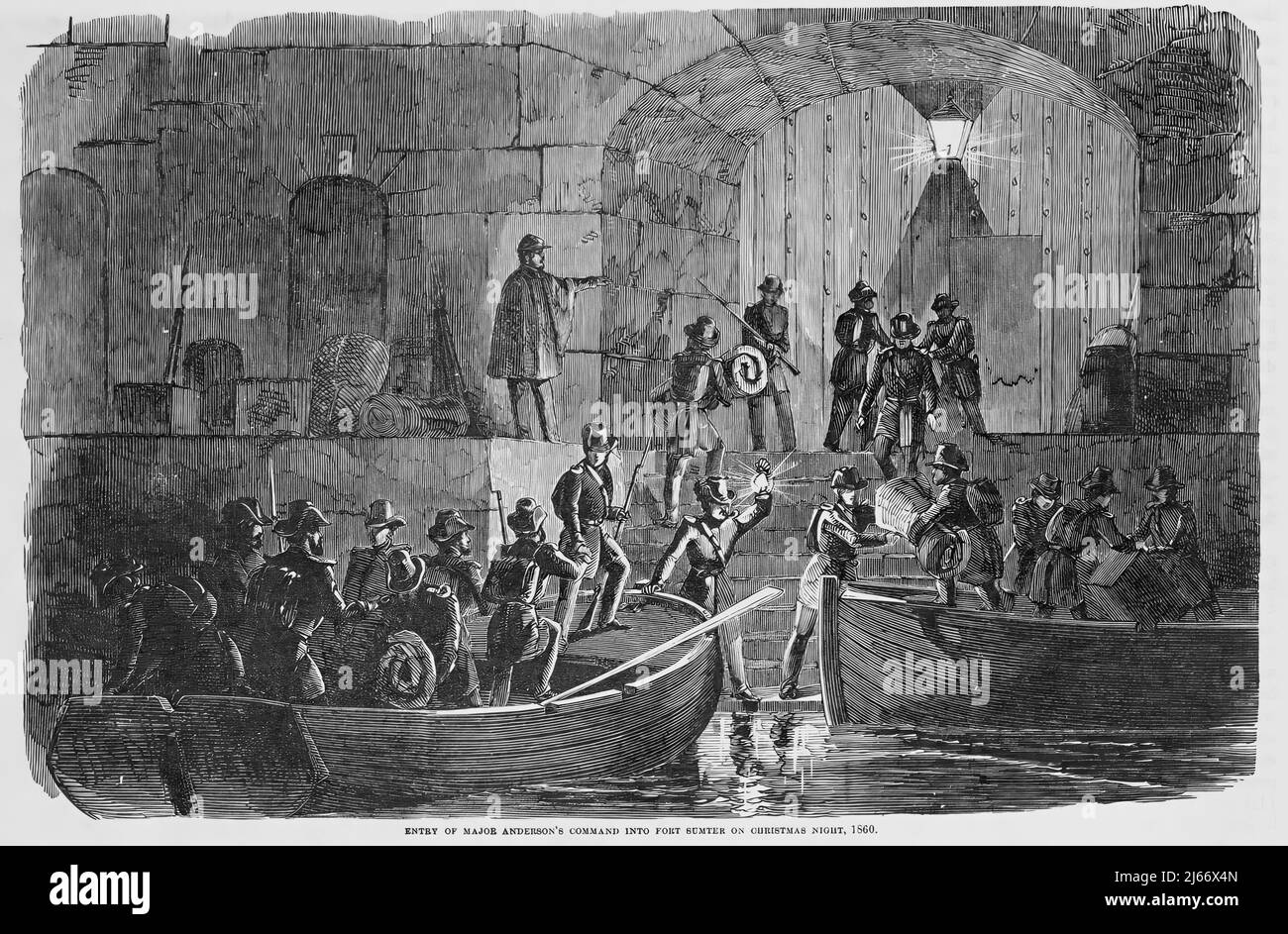 Entry of Major Robert Anderson's Command into Fort Sumter on Christmas Night, December 1860, in the American Civil War. 19th century illustration Stock Photo