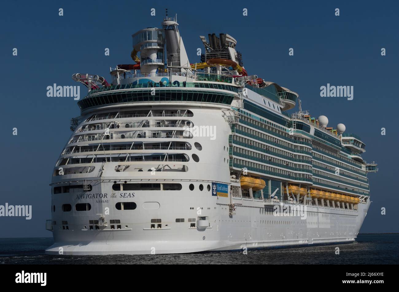 Port of Los Angeles, California, USA - April 27, 2022: image of Royal Caribbean cruise ship Navigator of the Seas shown leaving the port. Stock Photo