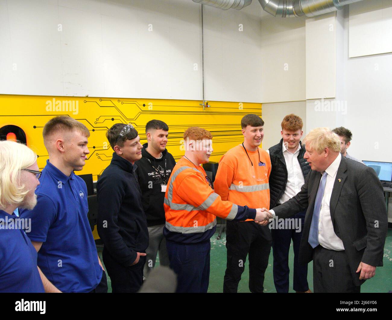 Britain's Prime Minister Boris Johnson meets engineering students during a campaign visit to Burnley College Sixth Form Centre in Burnley, Lancashire, Britain April 28, 2022. Peter Byrne/Pool via REUTERS Stock Photo