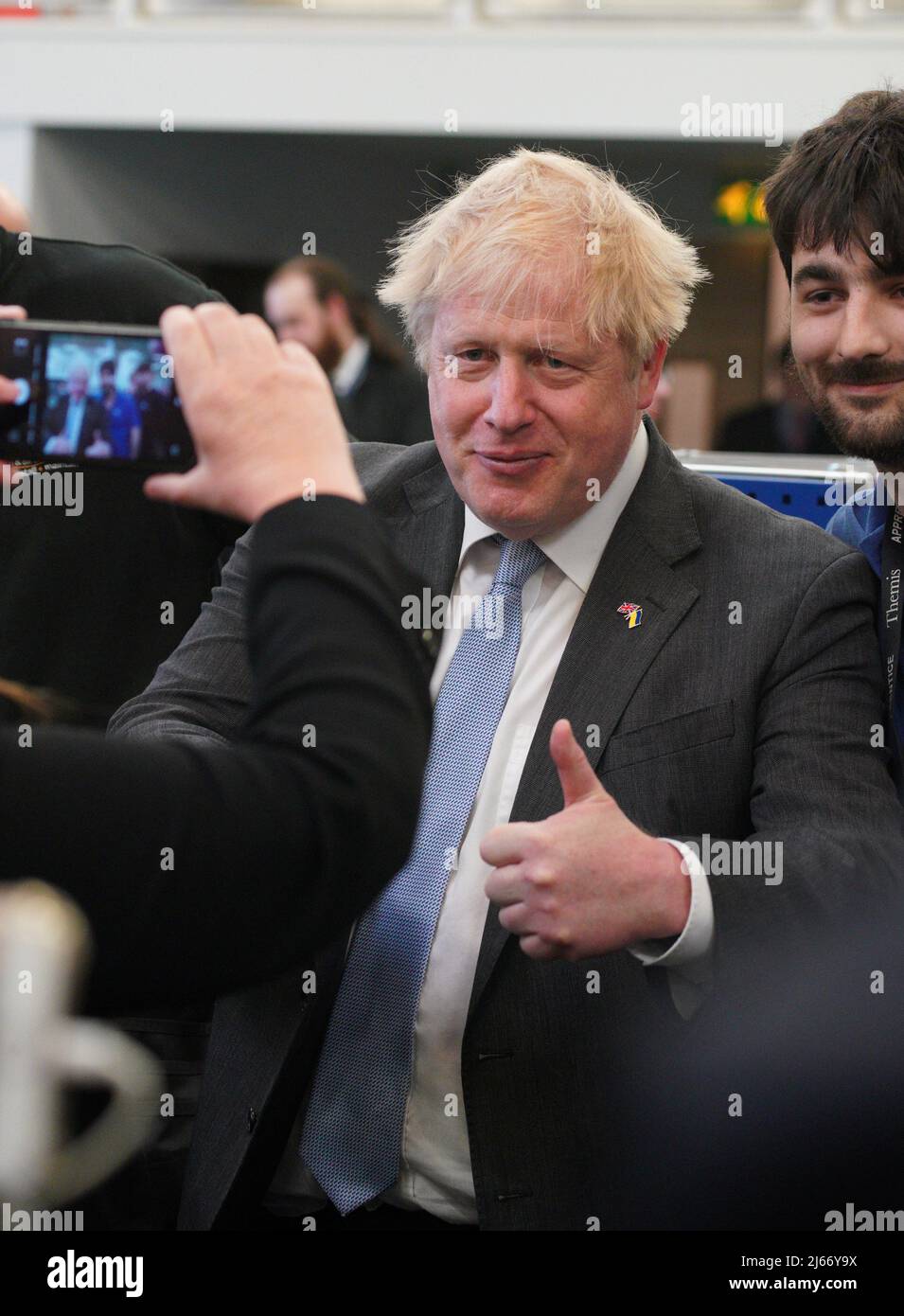 Britain's Prime Minister Boris Johnson gestures during a campaign visit to Burnley College Sixth Form Centre in Burnley, Lancashire, Britain April 28, 2022. Peter Byrne/Pool via REUTERS Stock Photo