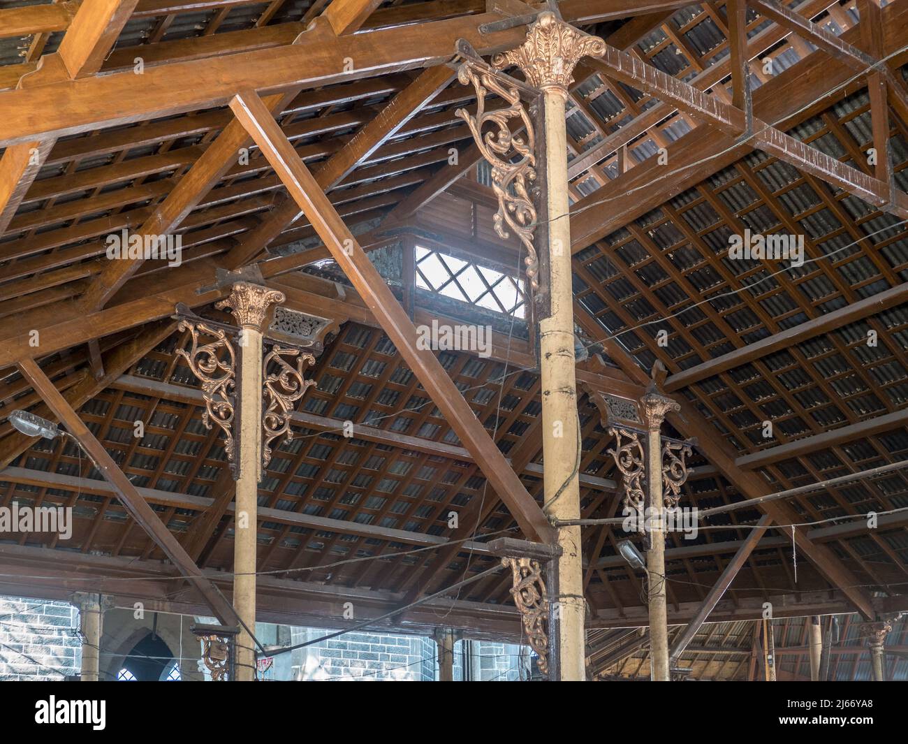 04 10 2022 Low Angle View Of Cast Iron Ruff Brackets with wooden sports inside More Market know Mahatma Phule Mandai Pune Maharashtra India. Stock Photo