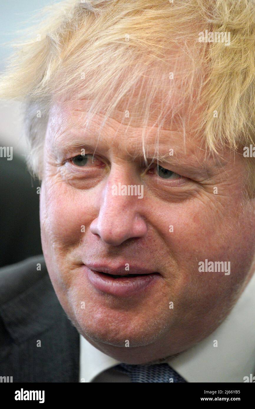 Britain's Prime Minister Boris Johnson looks on during a campaign visit to Burnley College Sixth Form Centre in Burnley, Lancashire, Britain April 28, 2022. Peter Byrne/Pool via REUTERS Stock Photo