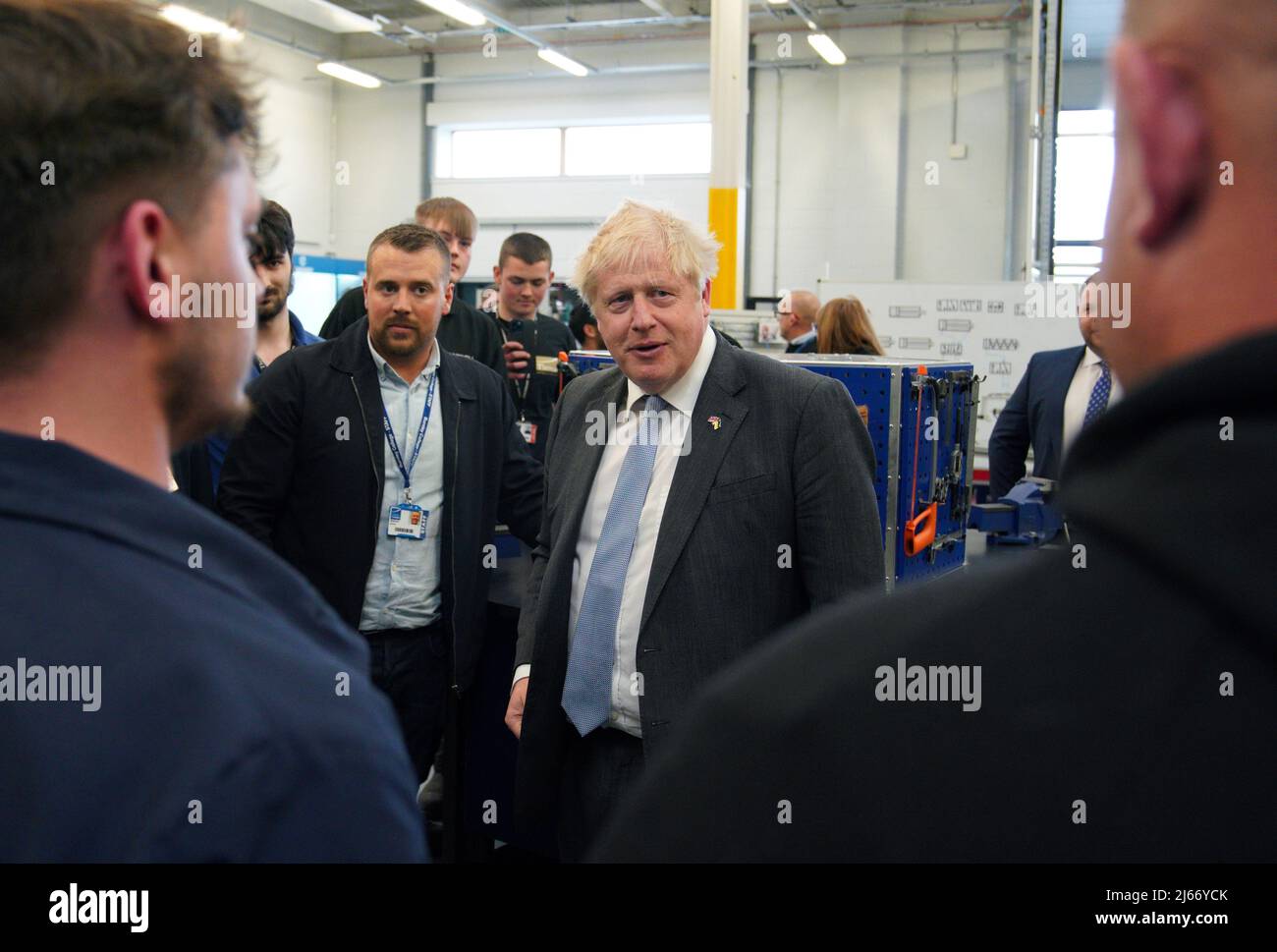 Britain's Prime Minister Boris Johnson meets students during a campaign visit to Burnley College Sixth Form Centre in Burnley, Lancashire, Britain April 28, 2022. Peter Byrne/Pool via REUTERS Stock Photo