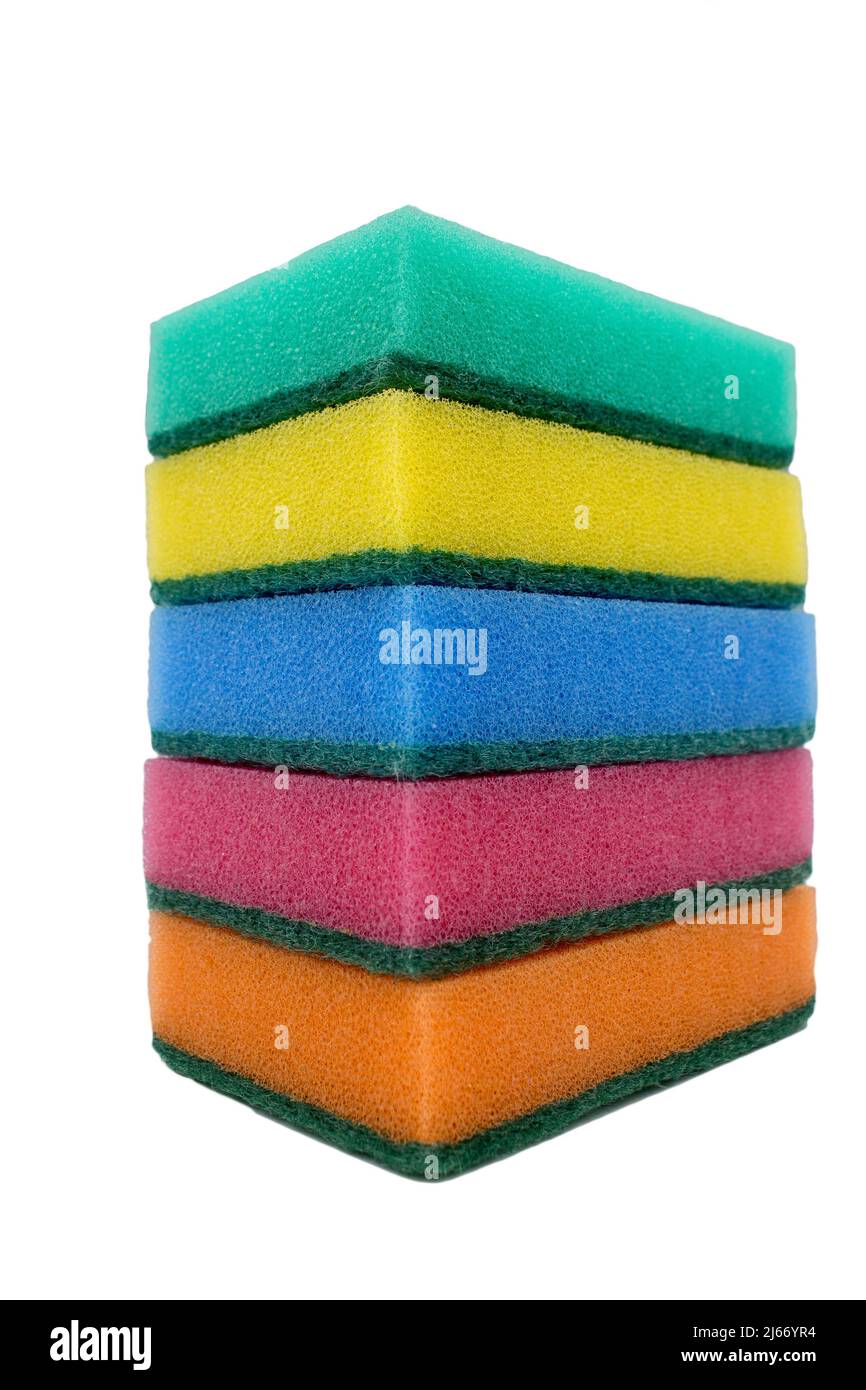 Multi-colored sponges for household work from foam rubber, stack, on a ...