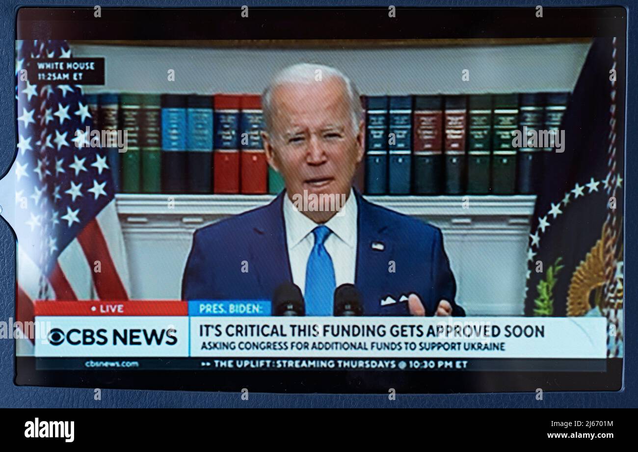 A screen grab of  US President Joe Biden spoke at the White House with a statement on assistance to Ukraine Stock Photo