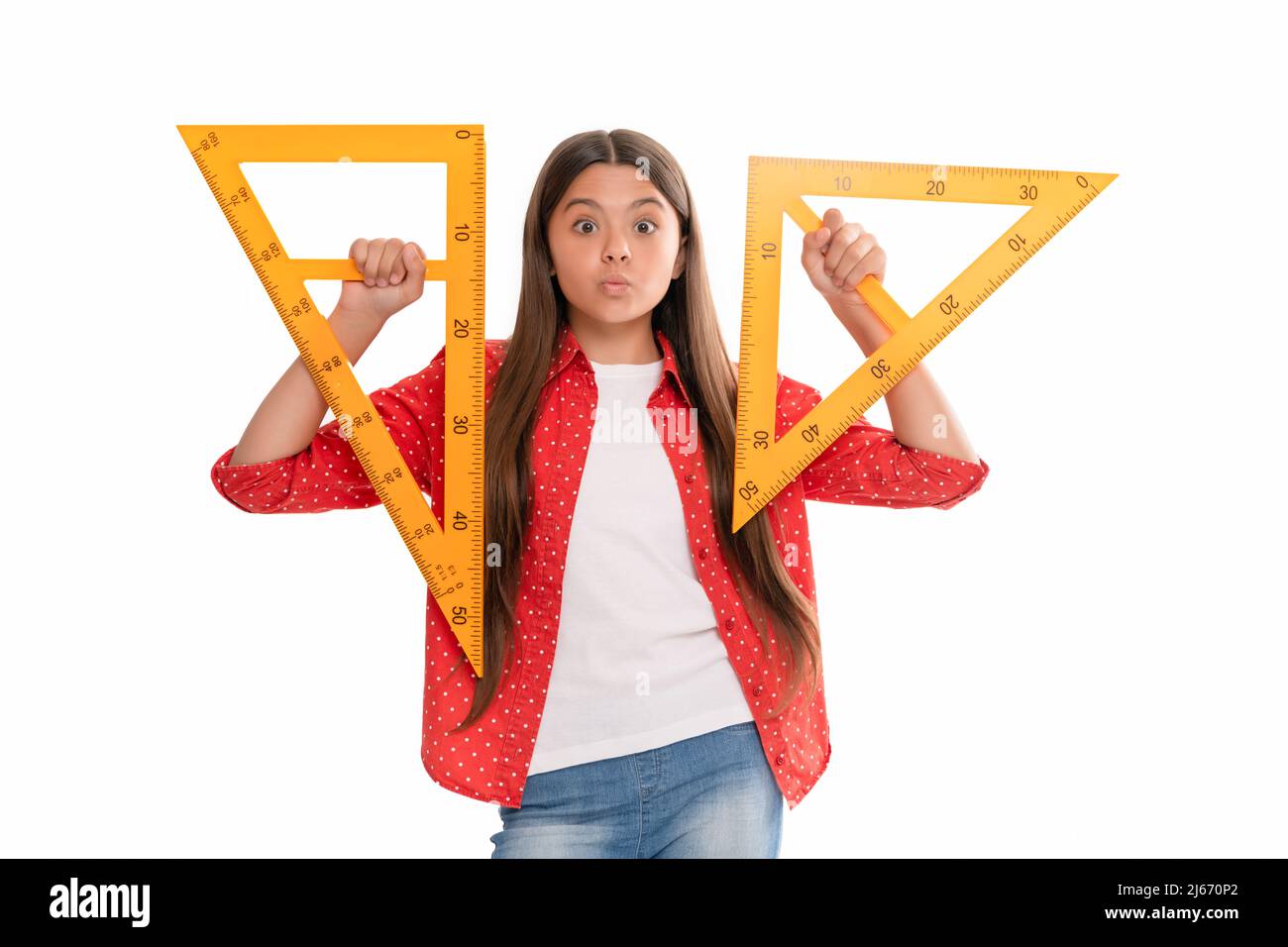 funny positive teen girl hold triangle ruler study math at school ...
