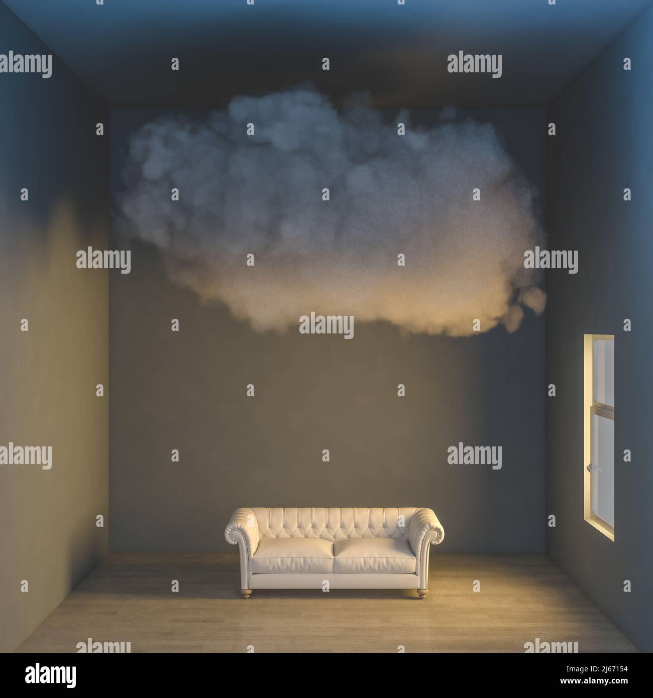 cloud over a sofa in an empty room. 3d render Stock Photo