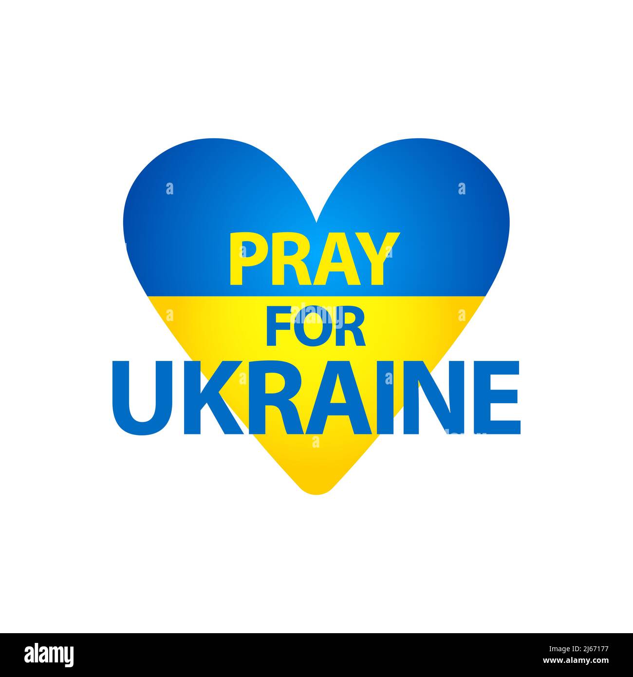 Ukrainian flag in heart shape with Pray for Ukraine sign. Vector illustration. Stock Photo