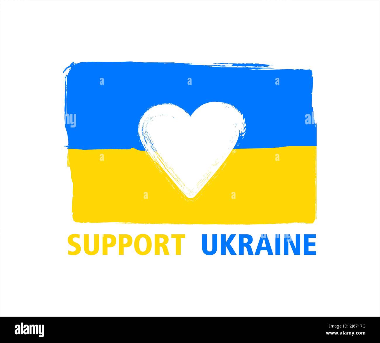 Ukrainian flag with heart shape inside it and support Ukraine sign. Vector illustration. Stock Photo
