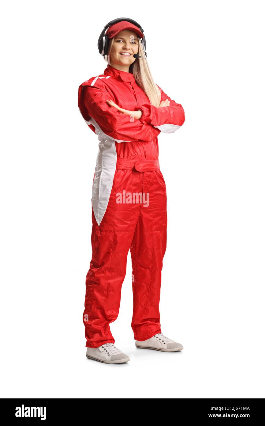 Female race team member in a red suit posing isolated on white background Stock Photo