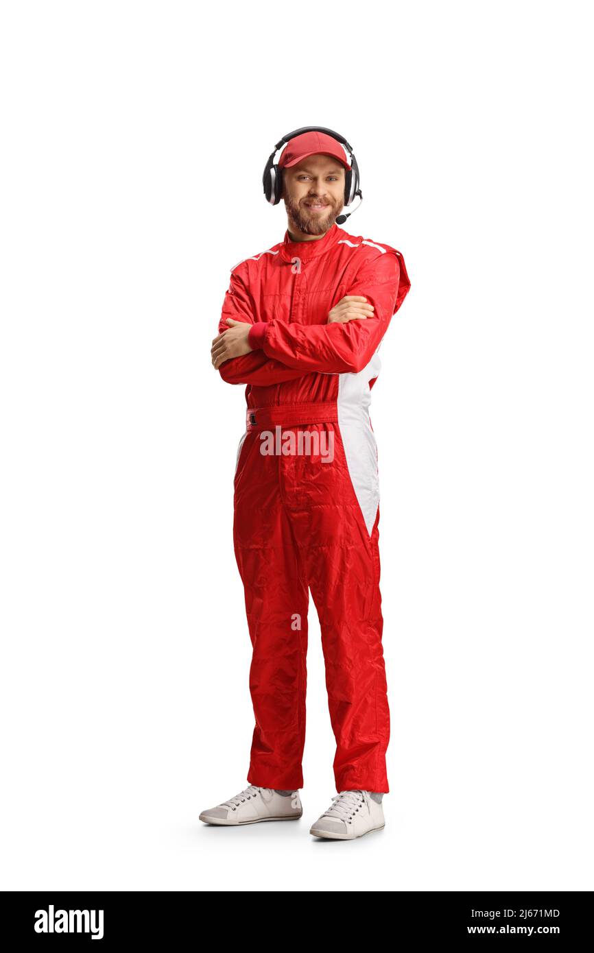 Full length shot of a race team member in a red suit posing isolated on white background Stock Photo