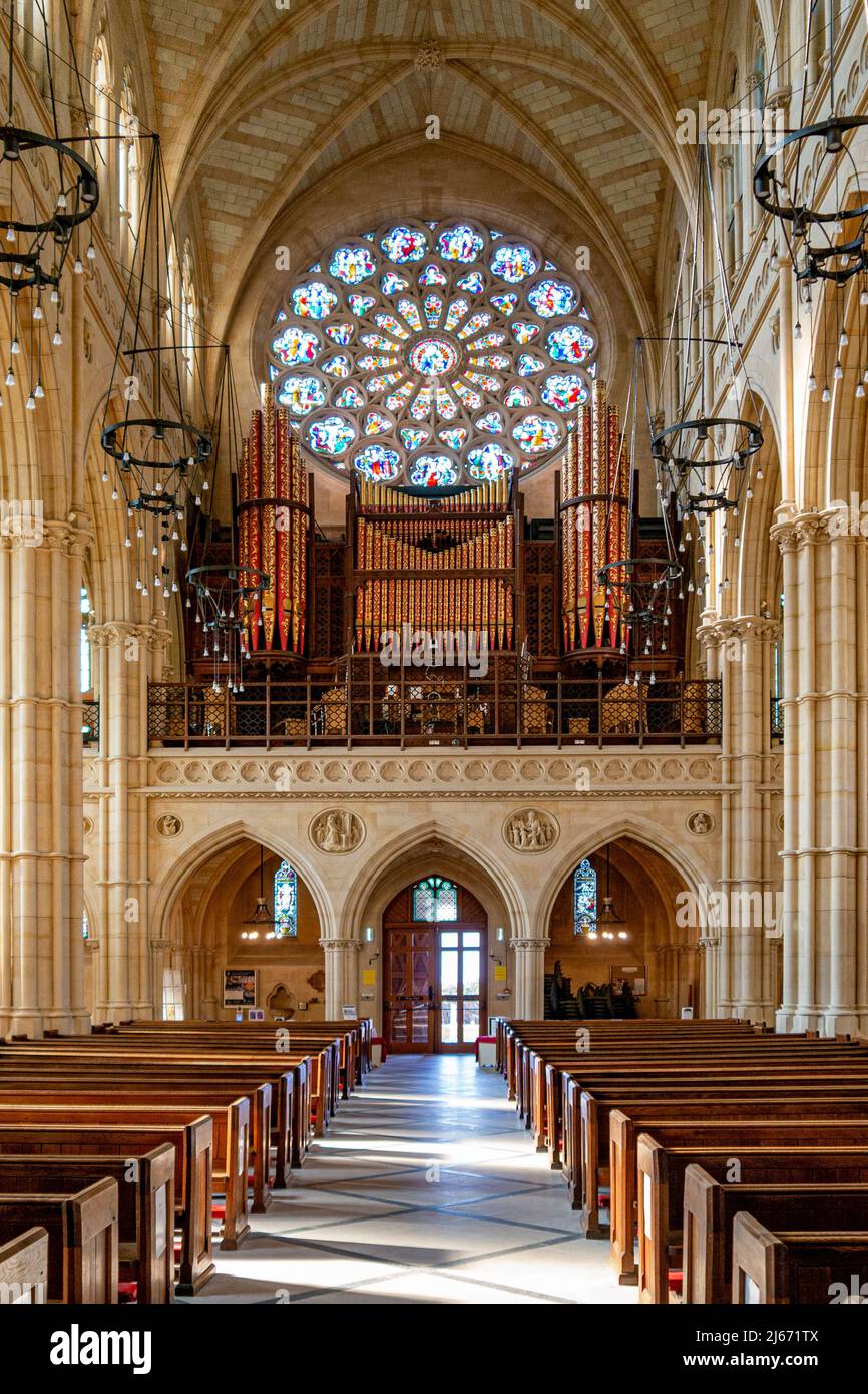 Inside Arundel Cathedral - here pictured with the stunning architecture is the Cathedral organ - Arundel, West Sussex, southern England. Stock Photo