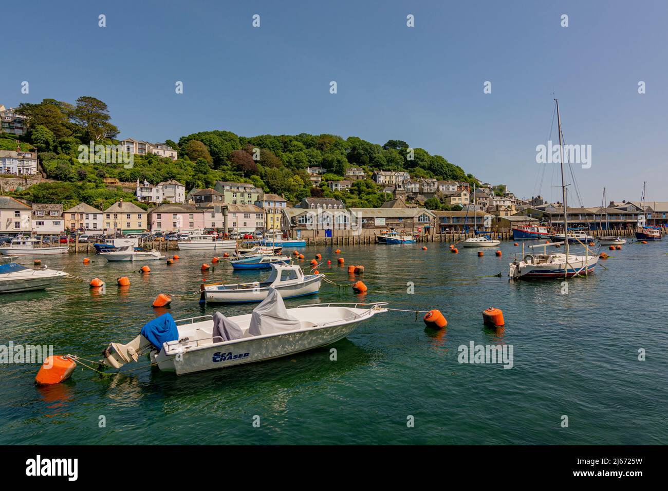 Looking over the East Looe River at high tide to East Looe and its