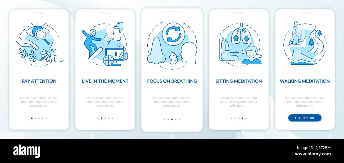 Mindfulness techniques blue onboarding mobile app screen Stock Vector
