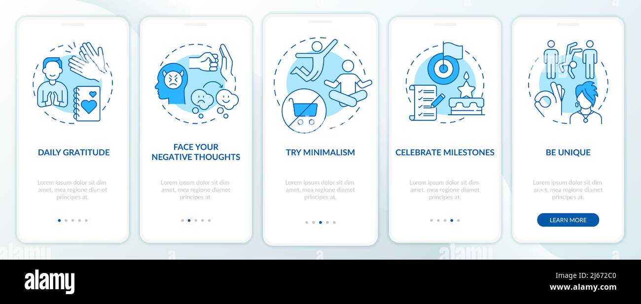 Exercises for self appreciation blue onboarding mobile app screen Stock Vector