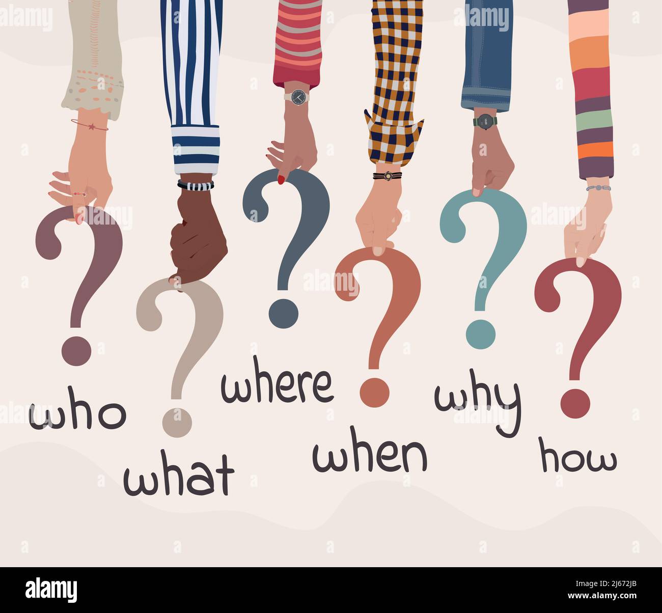 People arms holding in hand colorful question marks with Who-what-where-when-why-how text.Investigate and solve questions. Problem solving Stock Vector