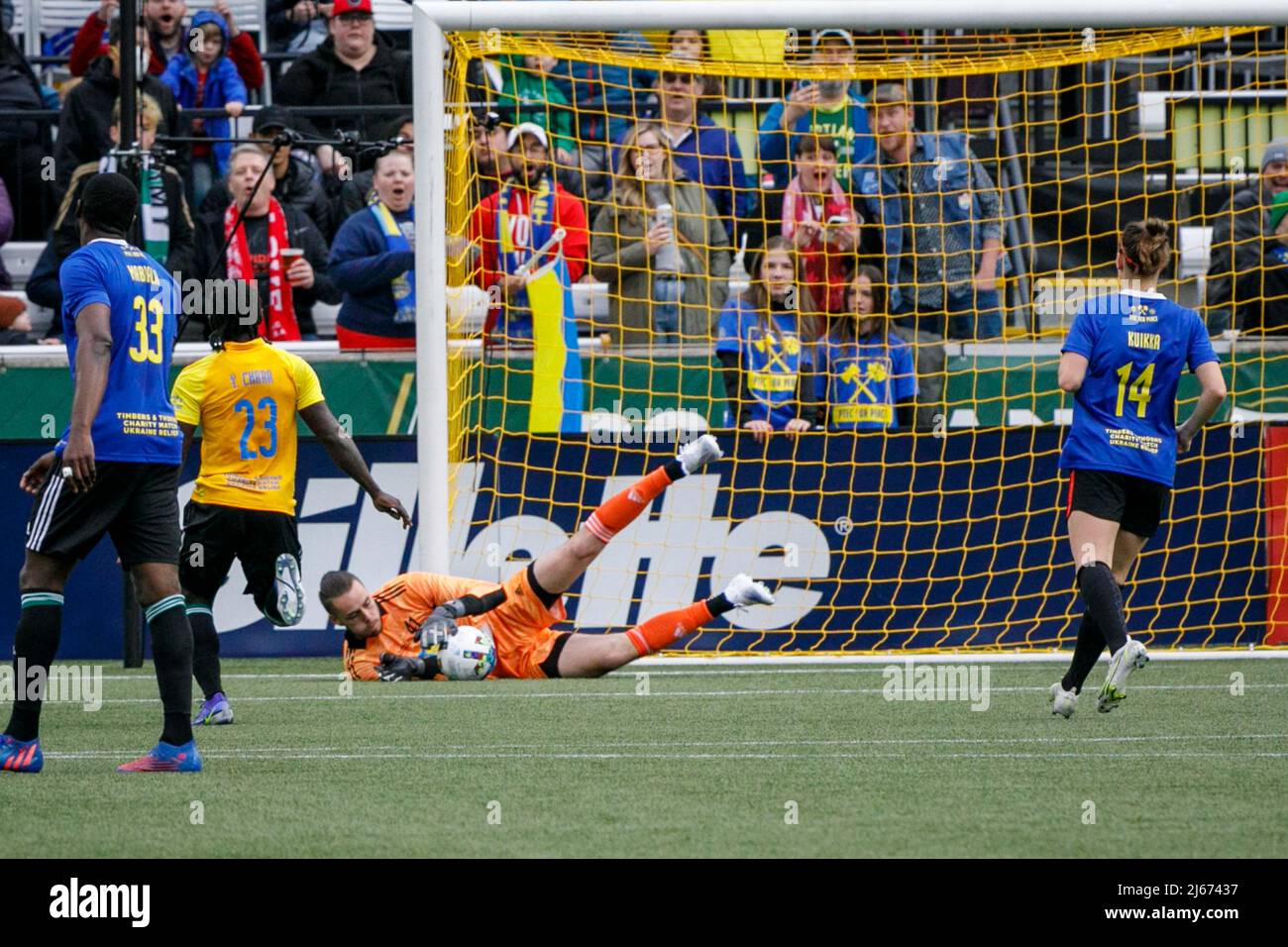 Goalkeeper Justin vom Steeg makes a save. The Portland Timbers and