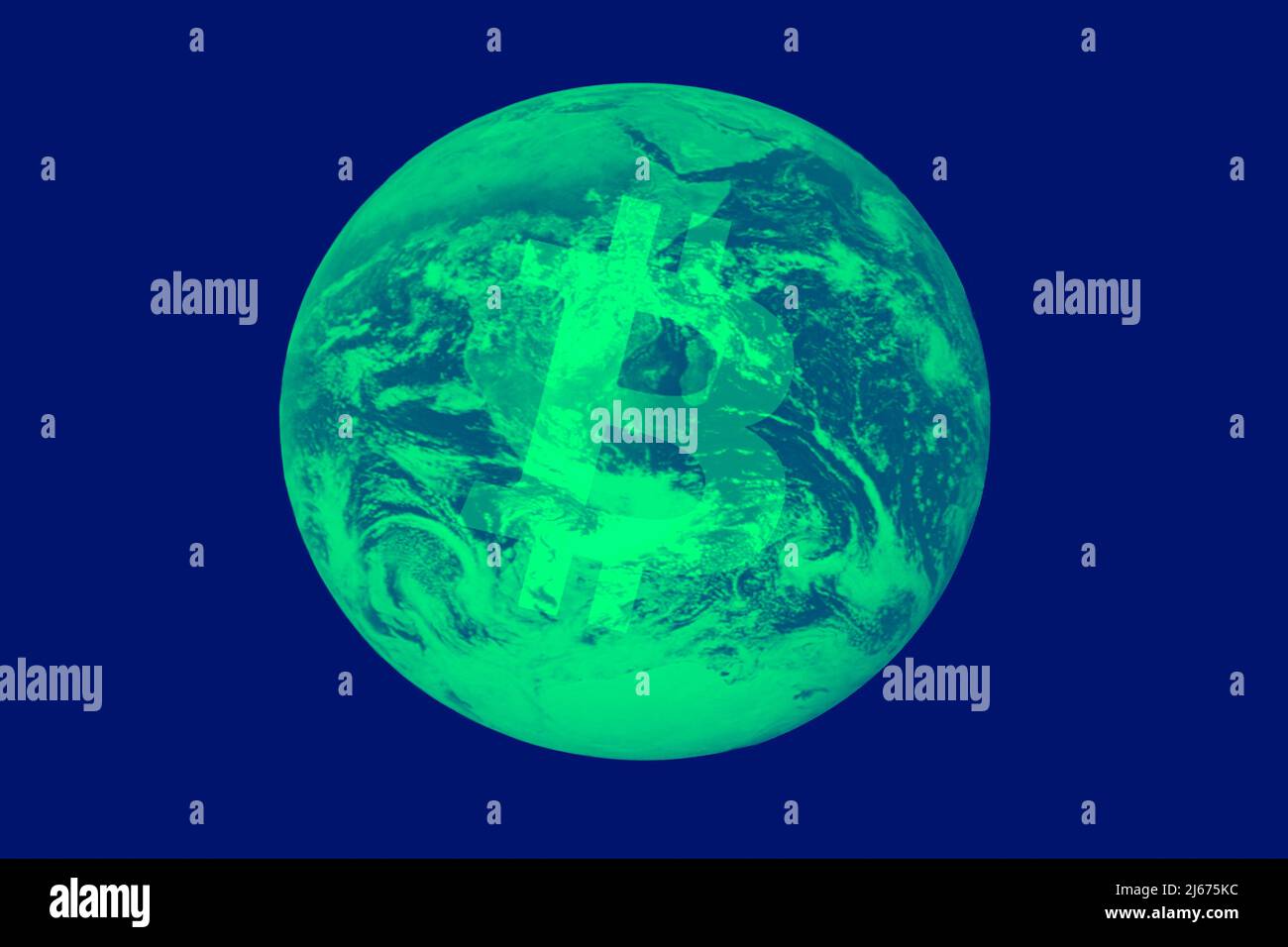 Creative pop conceptual illustration with Bitcoin logo and green earth globe Stock Photo