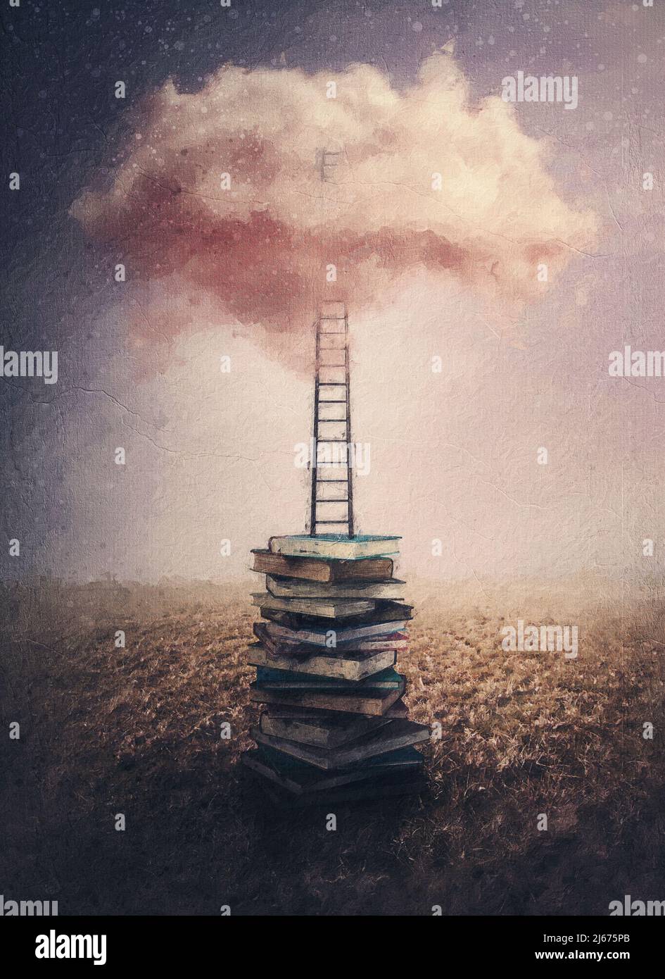 Wonderful painting of a dreamy land of knowledge to the way of wisdom. Imaginary world, educational concept. A stack of books and a ladder leading up Stock Photo