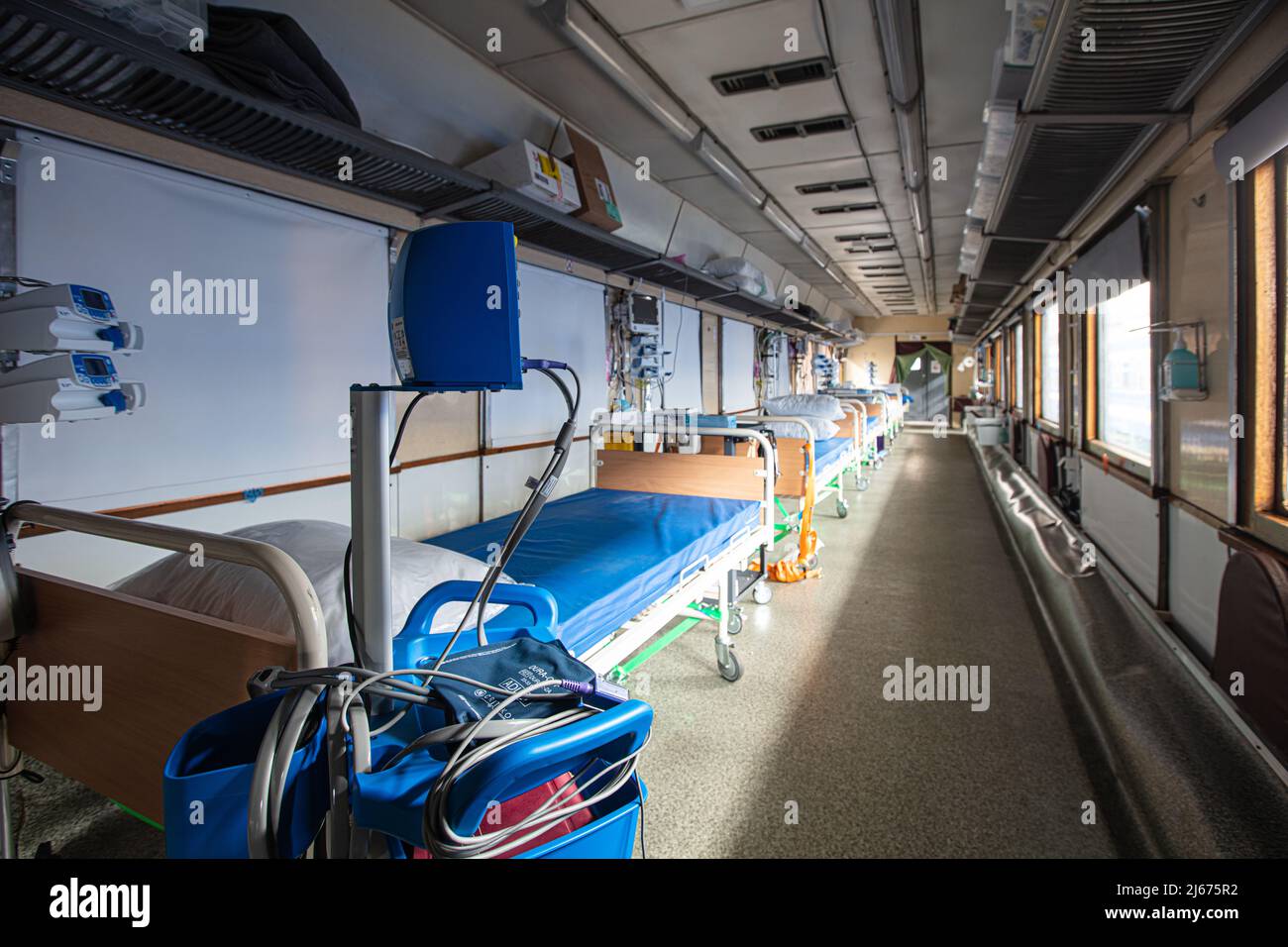 Lviv, Ukraine April 26, 2022 New reequipped evacuation medical train of MSF and
