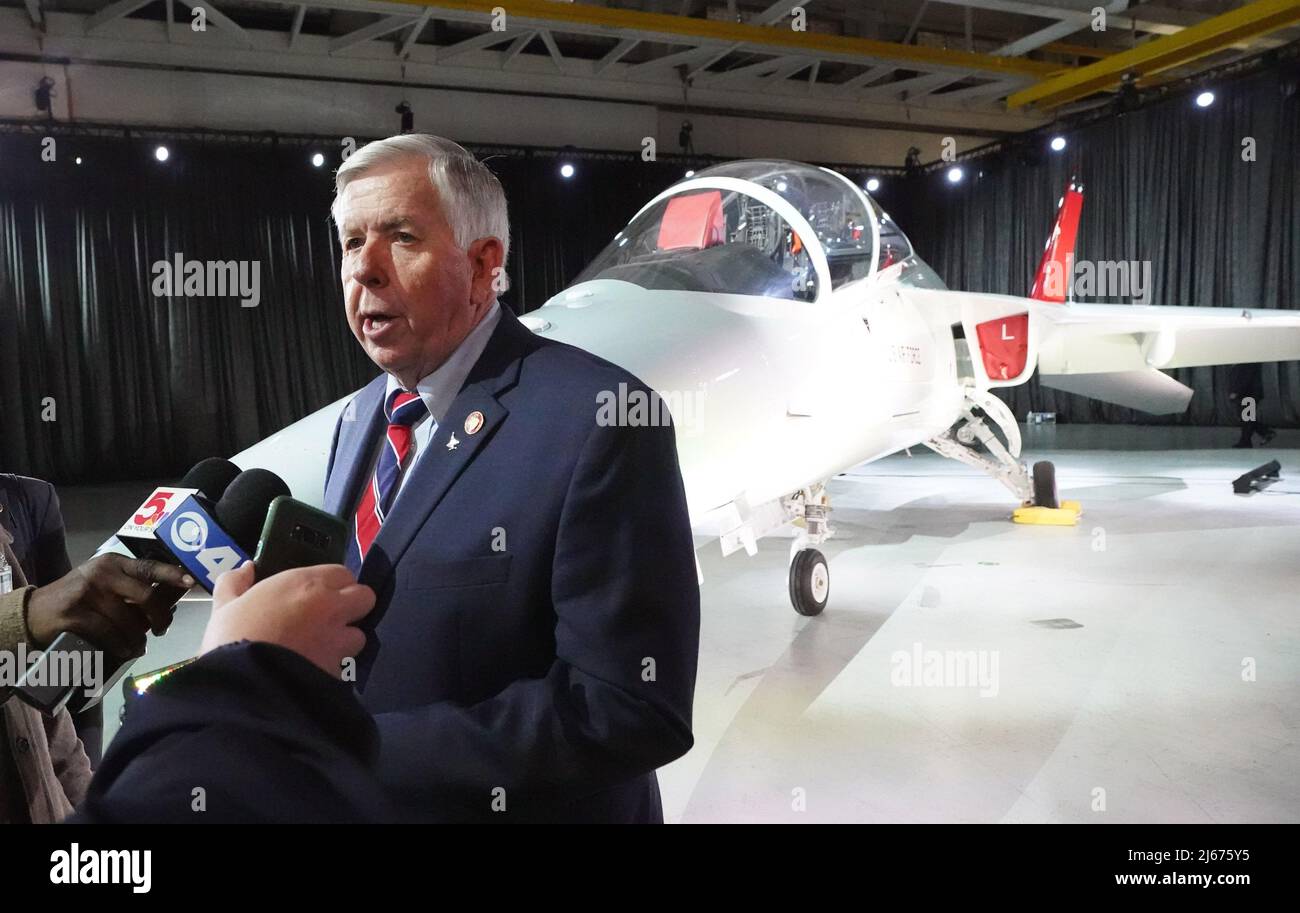 Hazelwood, USA. 28th Apr, 2022. Missouri Governor Mike Parson talks to reporters following the rollout of the new T-7A Red Hawk advanced trainer, that will be delivered to the U.S. Airforce, at Boeing Headquarters in Hazelwood, Missouri on Thursday, April 28, 2022. The Air Force has ordered 352 trainers that incorporates a red-tail livery in honor of the Tuskegee Airmen of World War II. Photo by Bill Greenblatt/UPI Credit: UPI/Alamy Live News Stock Photo