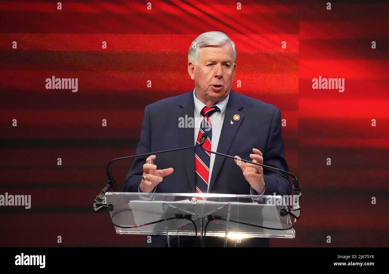 Hazelwood, USA. 28th Apr, 2022. Missouri Governor Mike Parson makes his remarks during the rollout of the new T-7A Red Hawk advanced trainer, that will be delivered to the U.S. Airforce, at Boeing Headquarters in Hazelwood, Missouri on Thursday, April 28, 2022. The Air Force has ordered 352 trainers that incorporates a red-tail livery in honor of the Tuskegee Airmen of World War II. Photo by Bill Greenblatt/UPI Credit: UPI/Alamy Live News Stock Photo