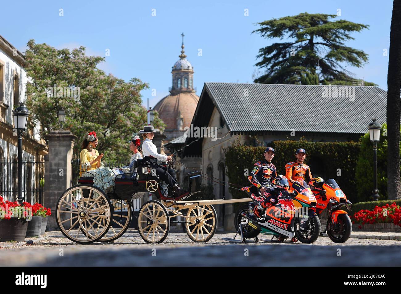 Jerez, Spain. 27th Apr, 2022. Moto2™ World Champion Remy Gardner and Moto3™  Champion Pedro Acosta visit the González Byass winery and turn into horses  to pull an Andalusian cart before the Red