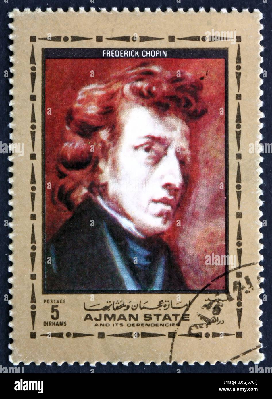 AJMAN - CIRCA 1972: a stamp printed in the Ajman shows Frederic Chopin, Polish Composer and Pianist, Painting by Eugene Delacroix, French Painter, cir Stock Photo
