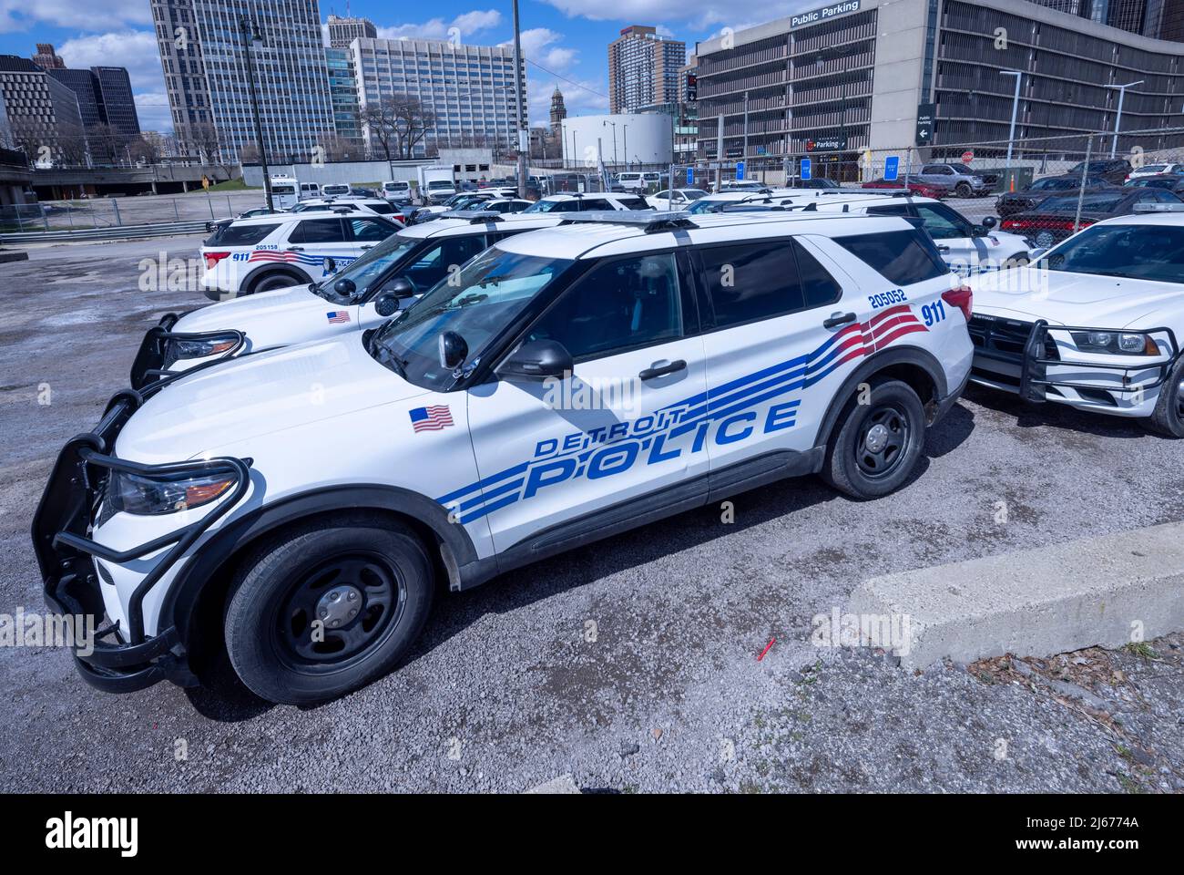 police cars fitted with push bumpers or nudge bars, Detroit,  Michigan, USA Stock Photo