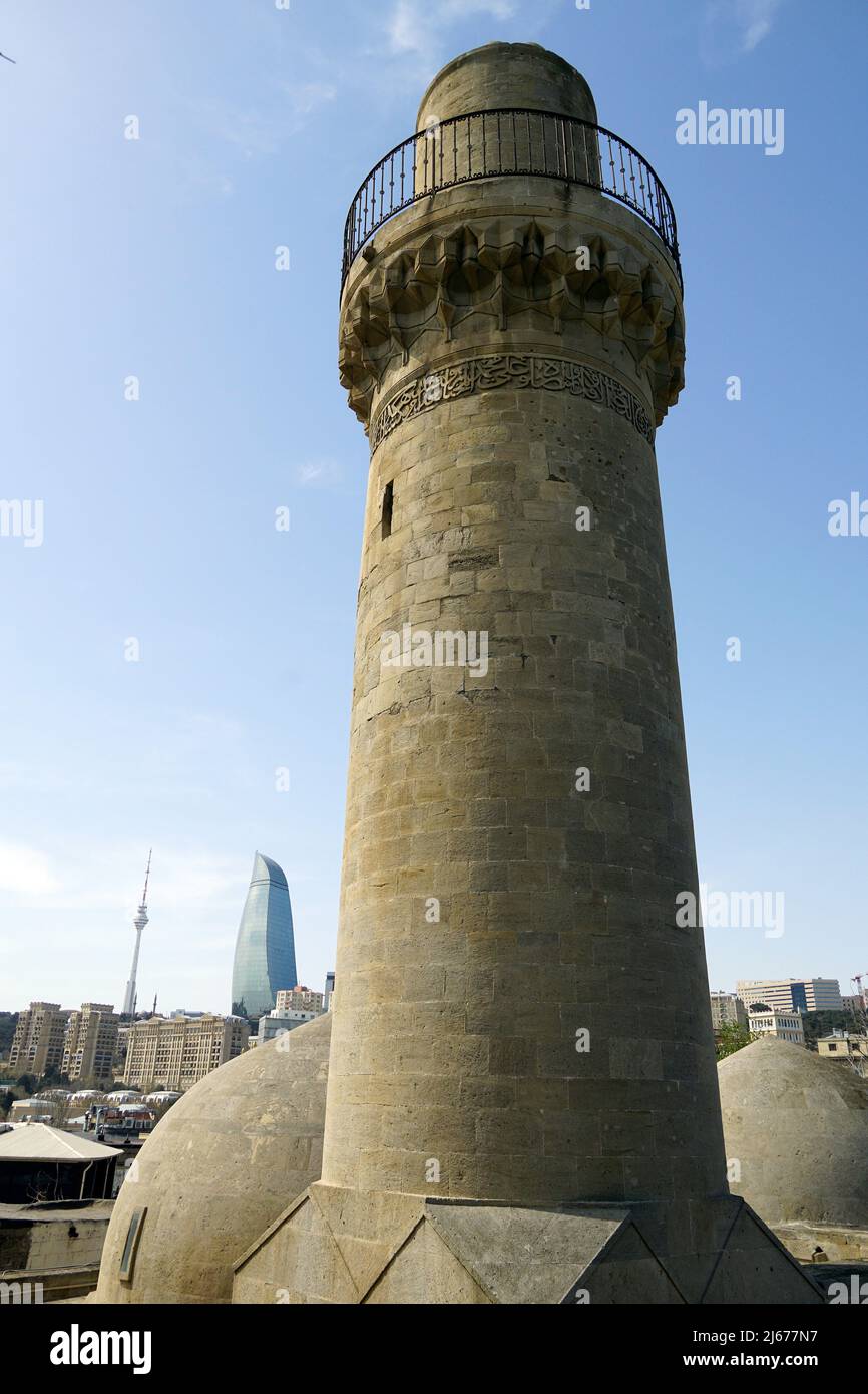 minaret, Palatial mosque, Saray məscidi, Palace of the Shirvanshahs, Icheri Sheher, Old City, Baku, İçərişəhər, Azerbaijan, UNESCO World Heritage Site Stock Photo