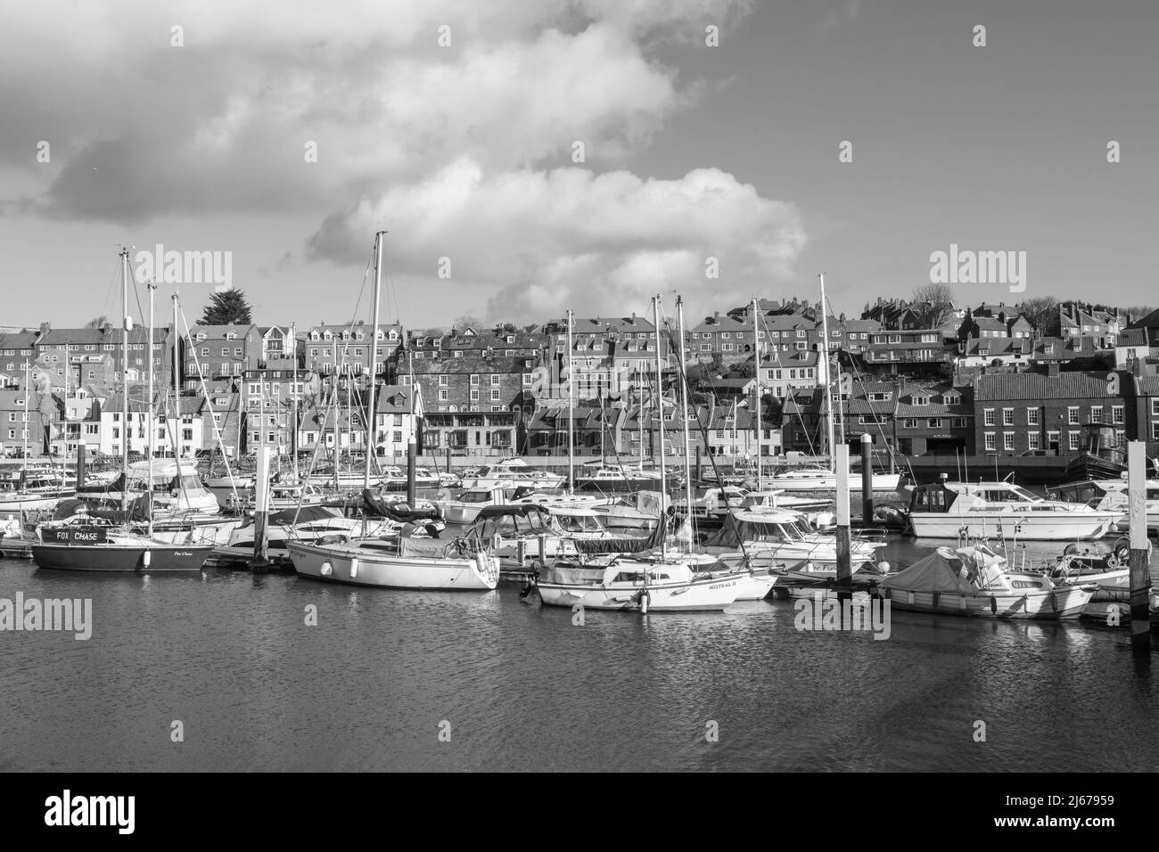 Black and white photo of Whitby marina in North Yorkshire Stock Photo ...