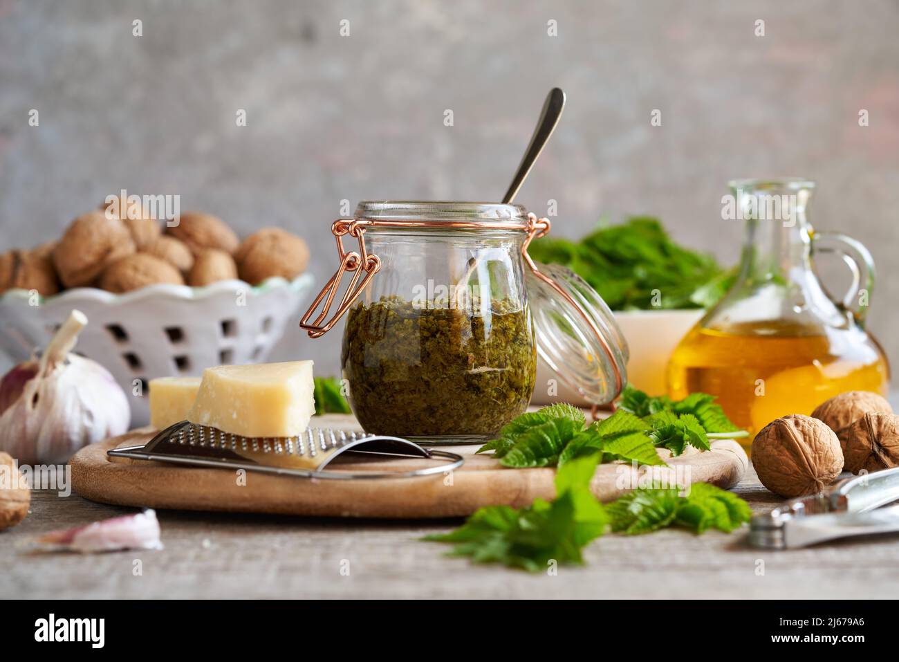 Pesto made from young ground elder leaves in spring - a wild edible