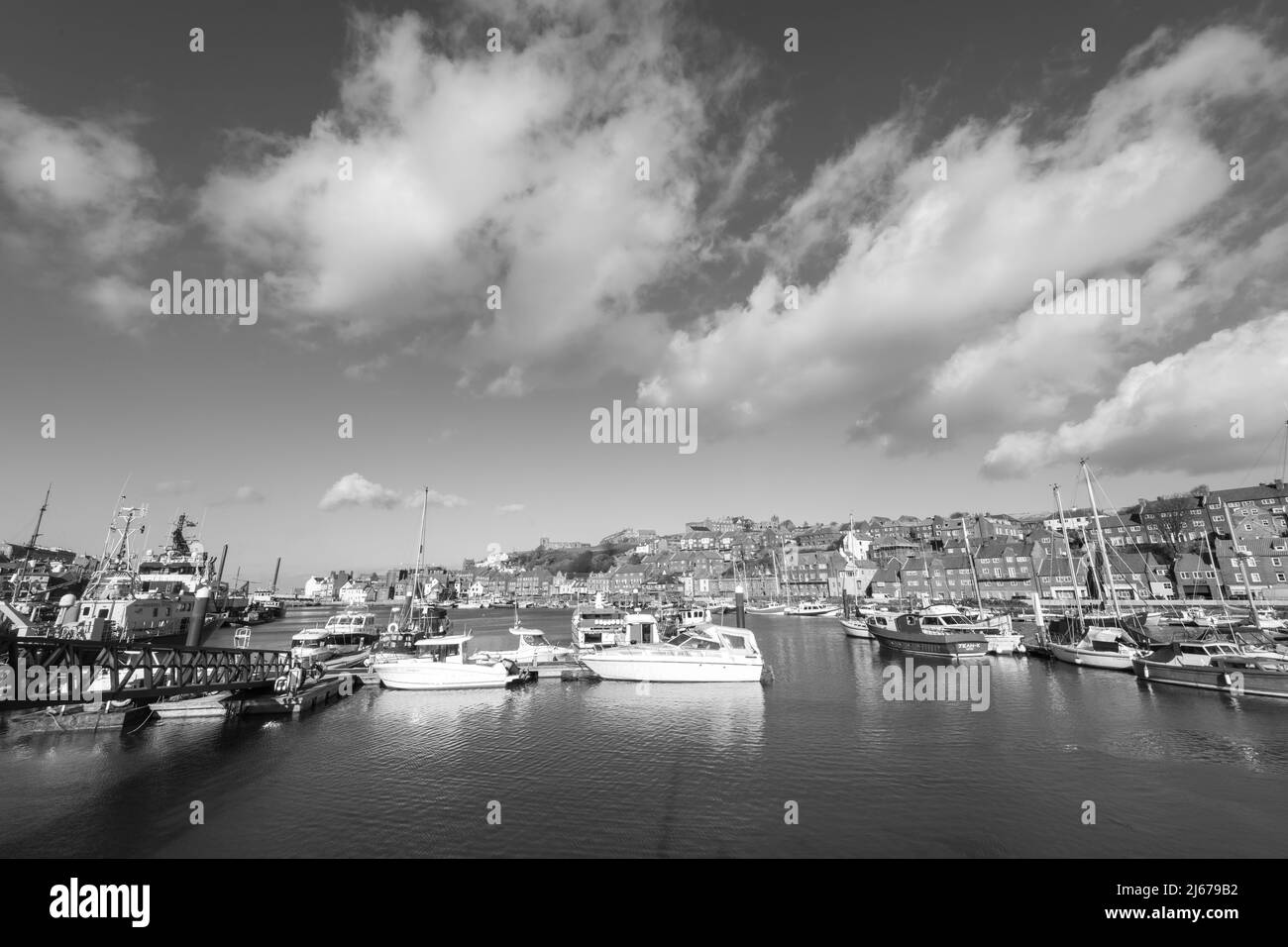Black and white photo of Whitby marina in North Yorkshire Stock Photo ...